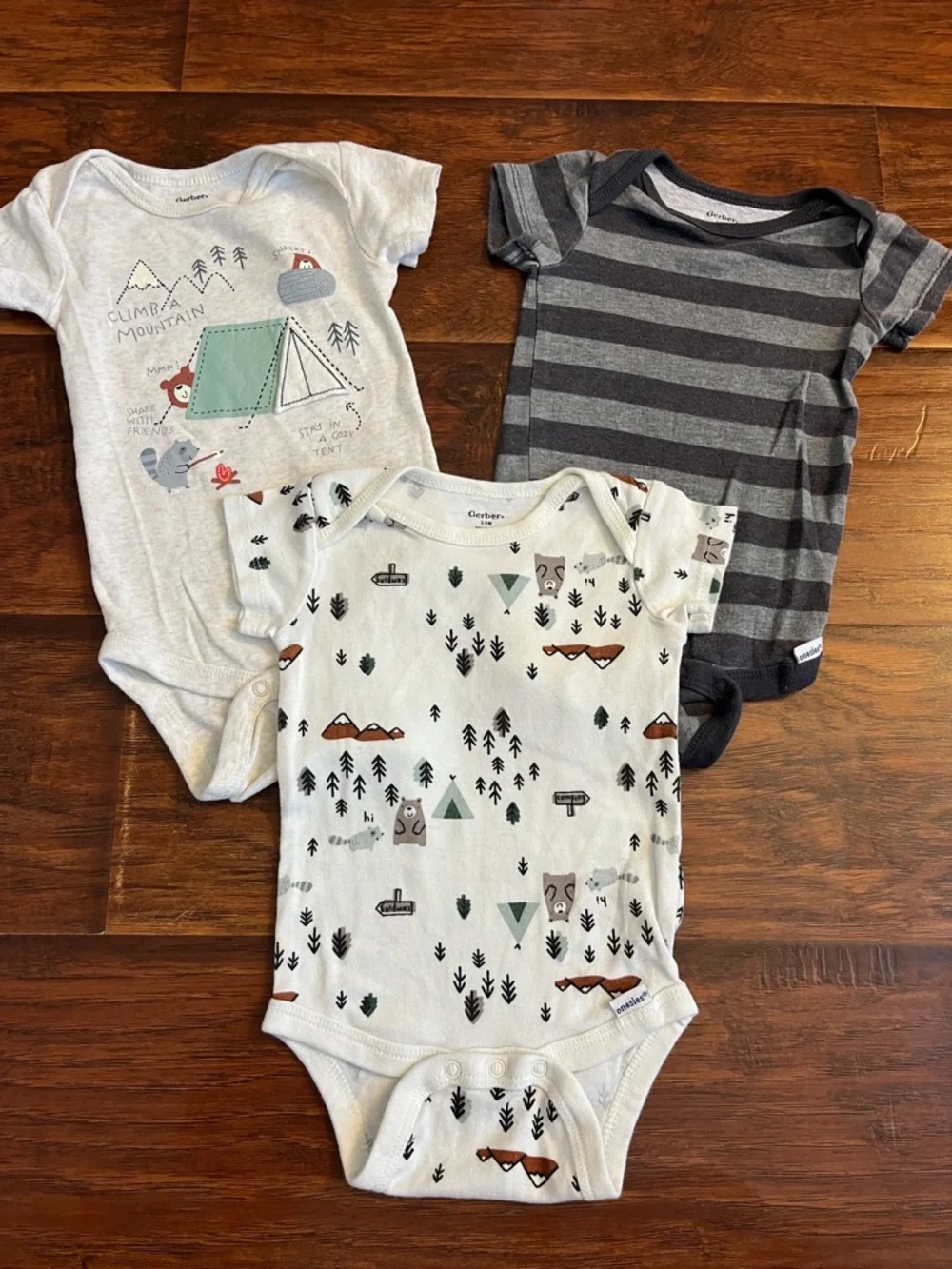 ⭐️⭐️ PICK 5 / $20 Gerber Neutral Woodland & Gray Striped Baby One-Piece 3-6M
